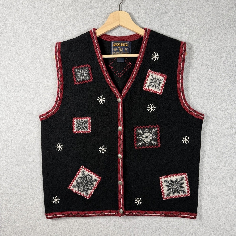 VTG Woolrich Snowflake Christmas Festive Vest Womens Large Black Wool Winter 90s